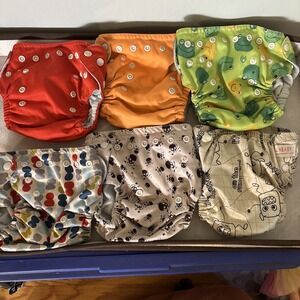 SUNBABY Reusable Cloth Diaper Lot 6 Size OSFM Monsters, Frogs, Color PUL Pockets